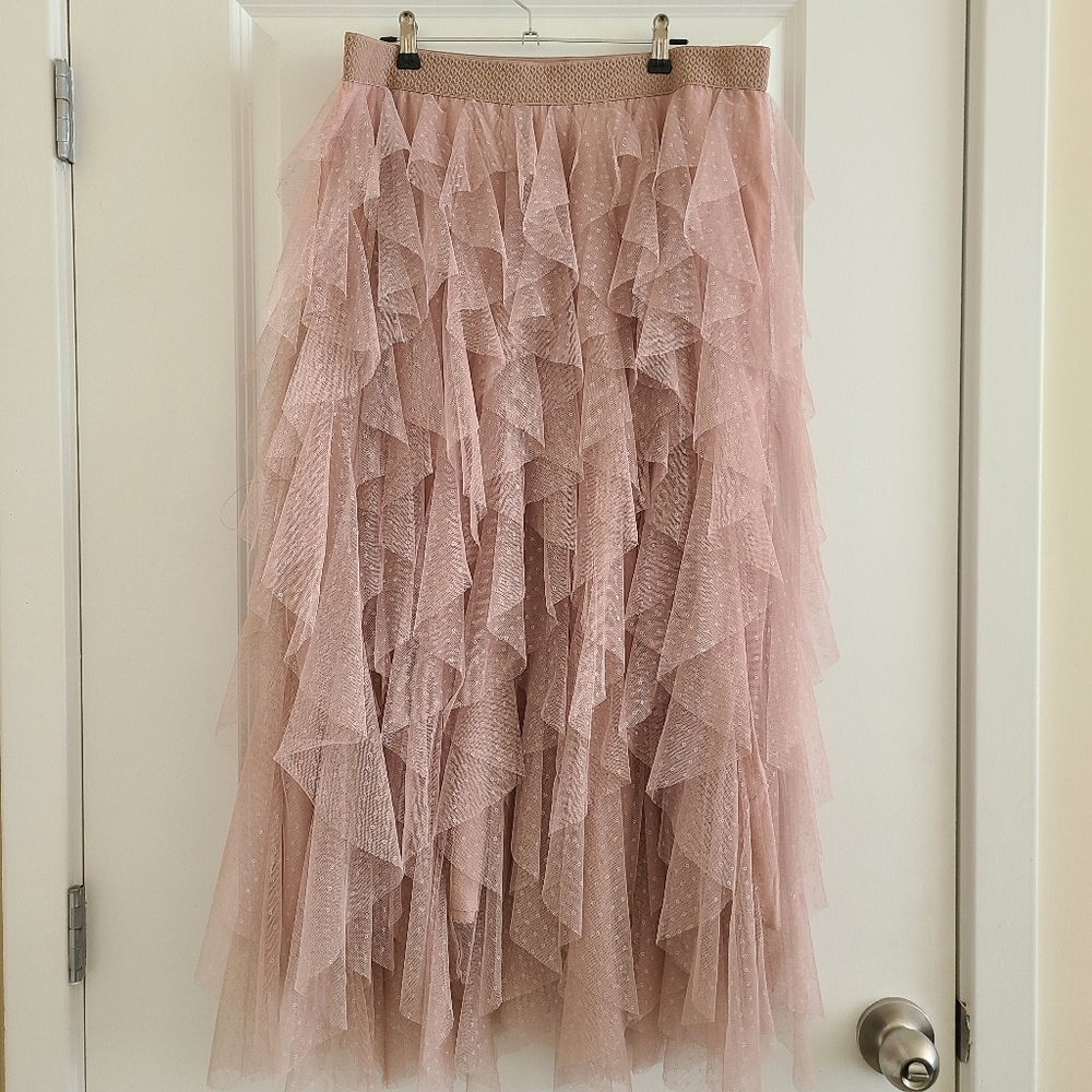 Anthropologie Pink Ruffled Midi Skirt